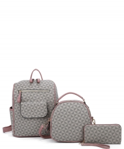 3 In1 Triangle Monogram Multi Design Backpack with Matching Bag and Wallet Set SJ21361 PINK